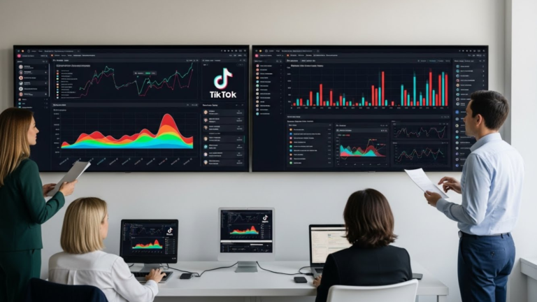 Marketing team analyzing social listening data and performance metrics in a strategy meeting.
