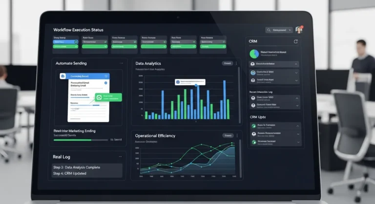 Laptop screen displaying AI agent dashboard automating business workflows in real time.
