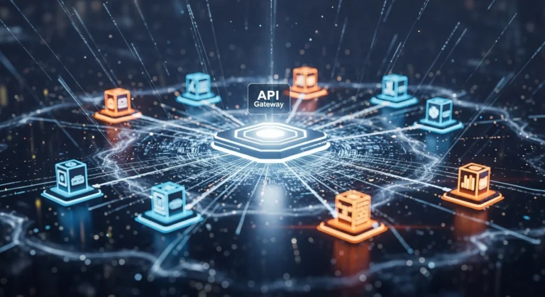 Microservices architecture connected through API gateway in cloud system